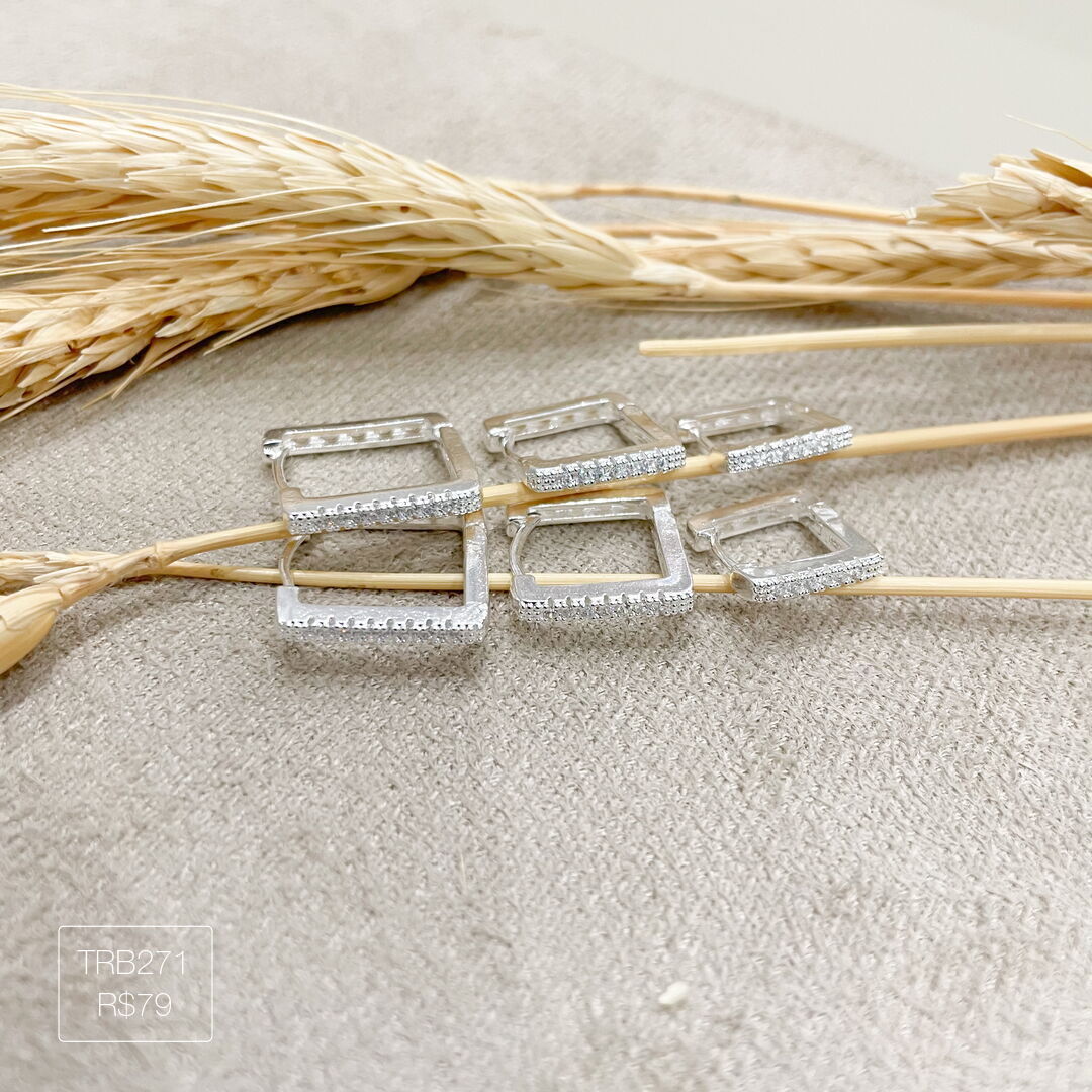 Trio de Argola Quadrada Cravejada Cristal Prateado